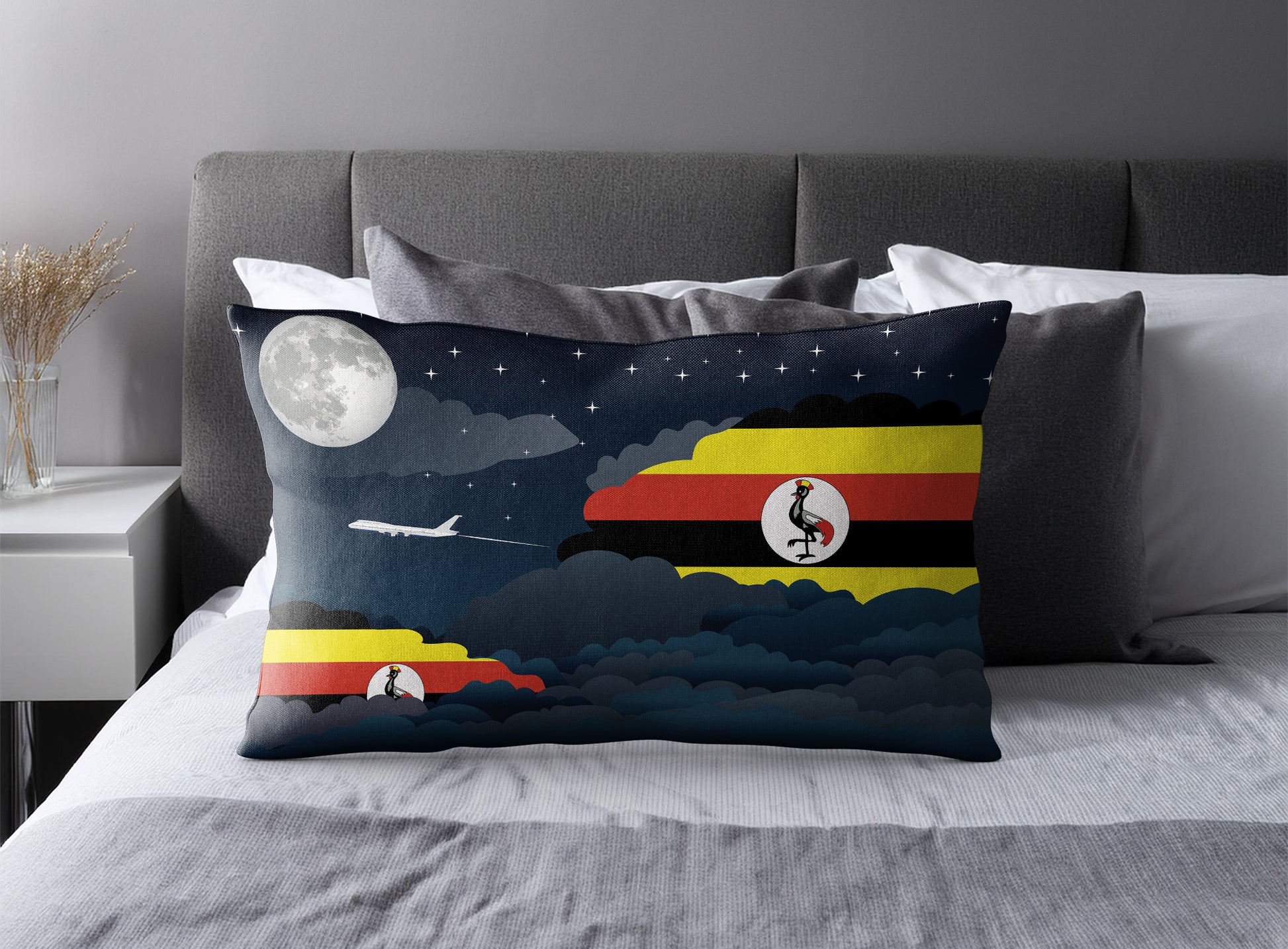 Uganda World Airplane Night Clouds Square & Rectangle Pillow Cases | Aviation Night Sky Pillow Covers