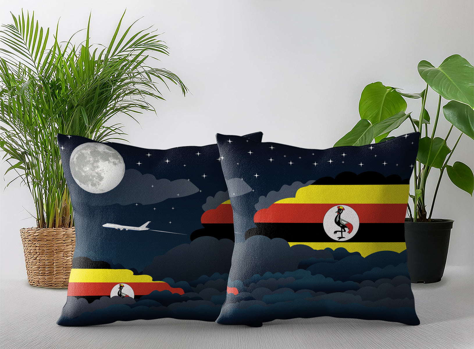Uganda World Airplane Night Clouds Square & Rectangle Pillow Cases | Aviation Night Sky Pillow Covers