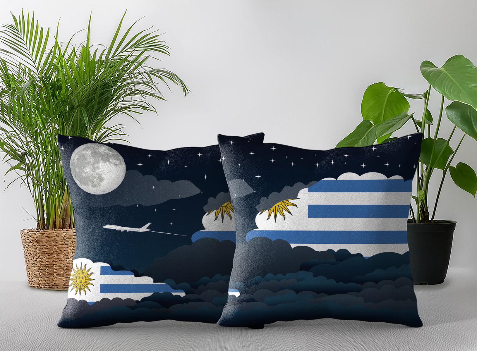 Uruguay World Airplane Night Clouds Square & Rectangle Pillow Cases | Aviation Night Sky Pillow Covers