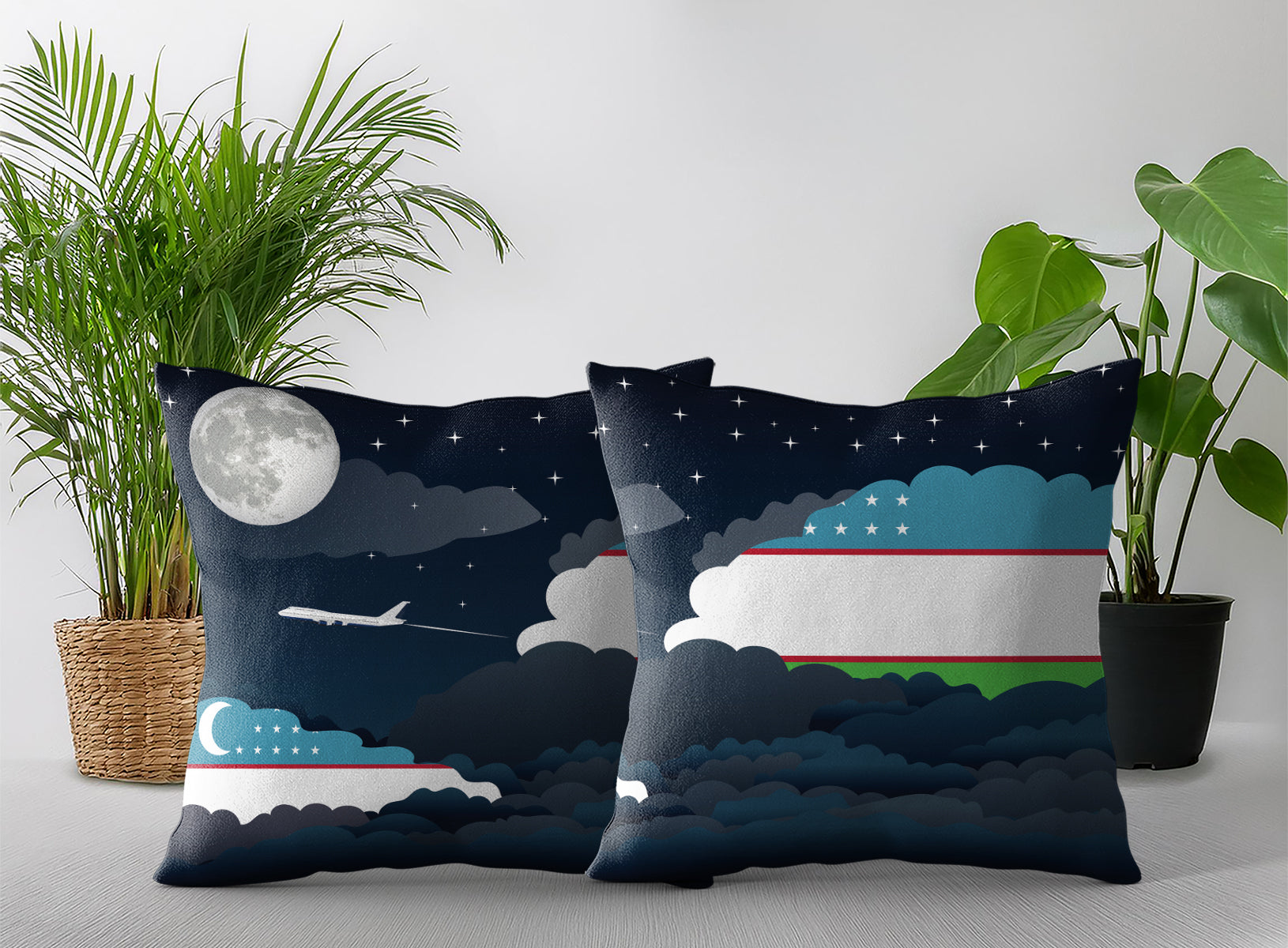Uzbekistan World Airplane Night Clouds Square & Rectangle Pillow Cases | Aviation Night Sky Pillow Covers