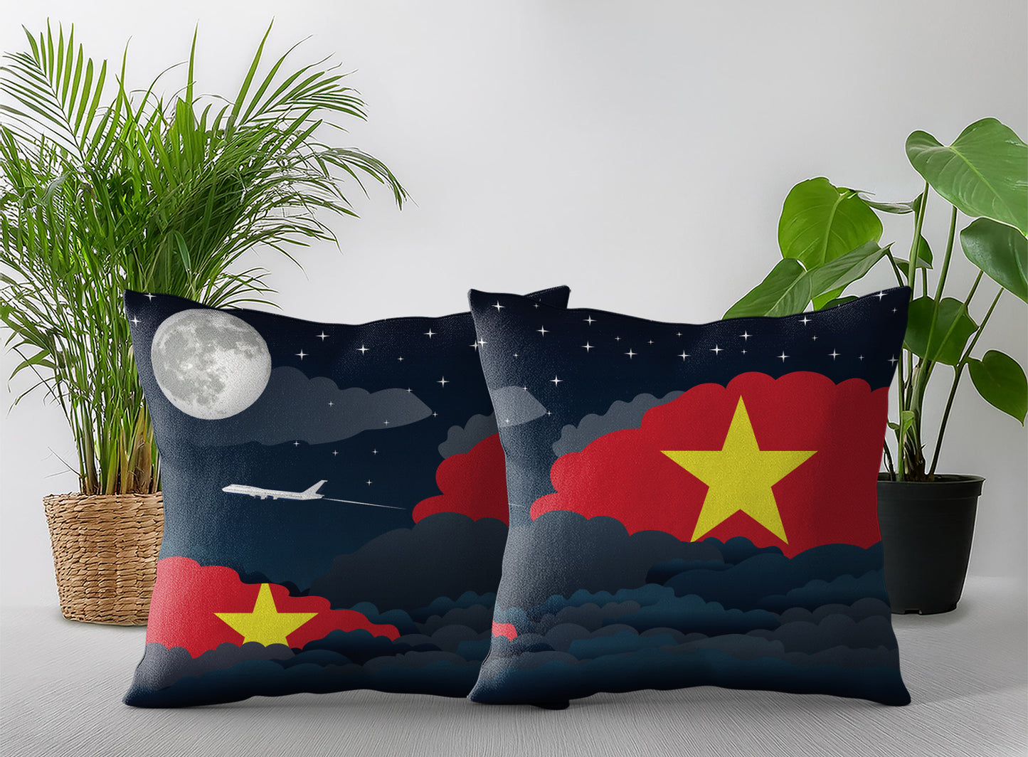 Vietnam World Airplane Night Clouds Square & Rectangle Pillow Cases | Aviation Night Sky Pillow Covers