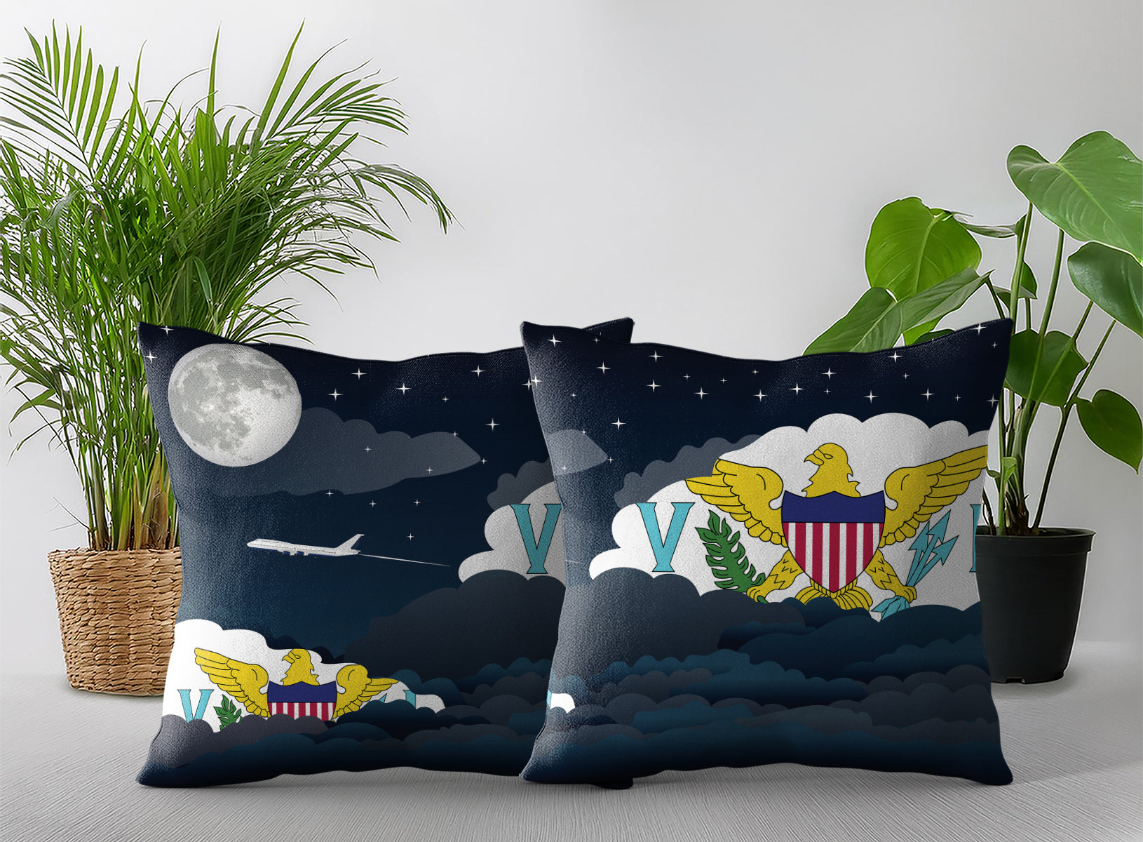 Virgin Islands US World Airplane Night Clouds Square & Rectangle Pillow Cases | Aviation Night Sky Pillow Covers