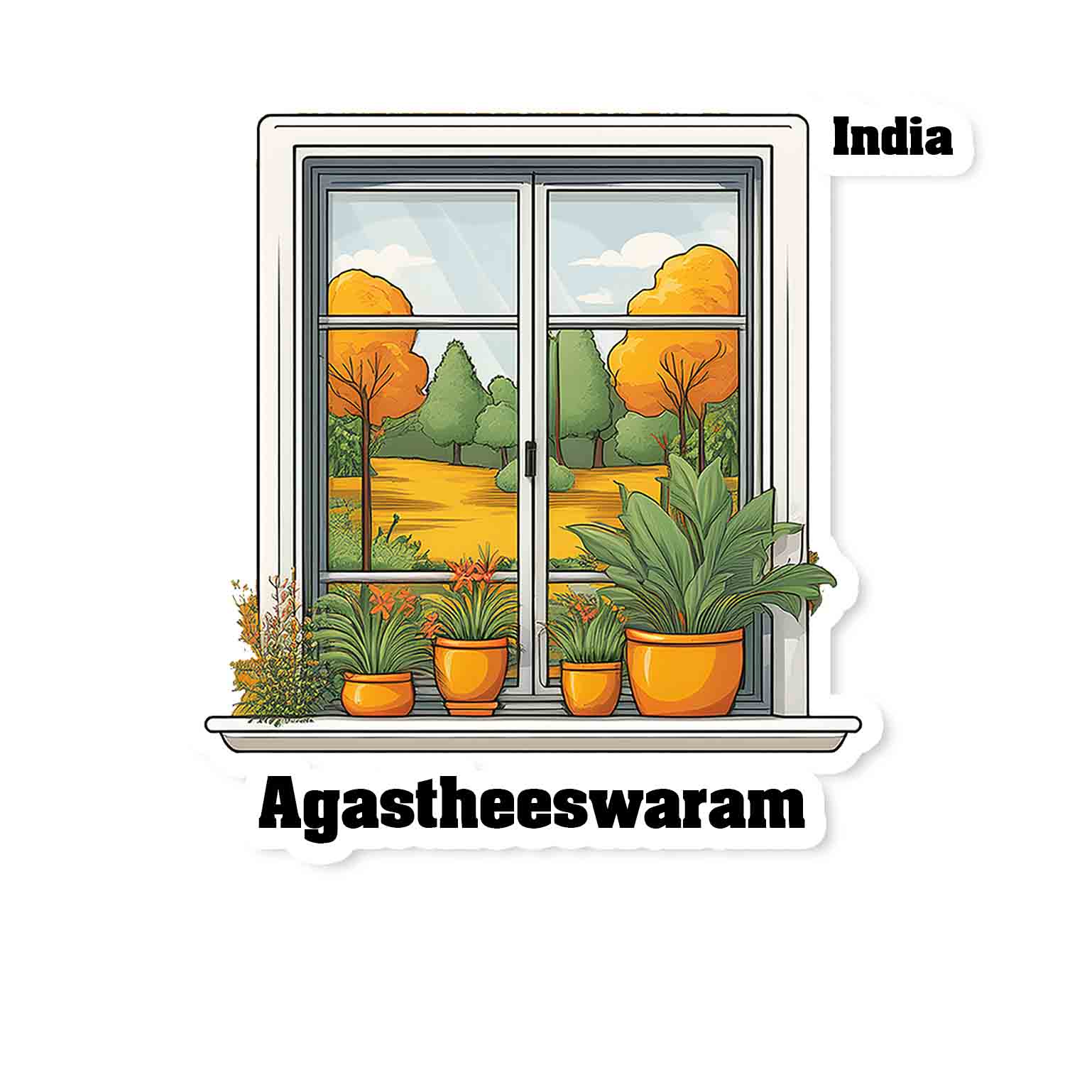 Agastheeswaram Home Window White Plants Pots Sticker & Magnet