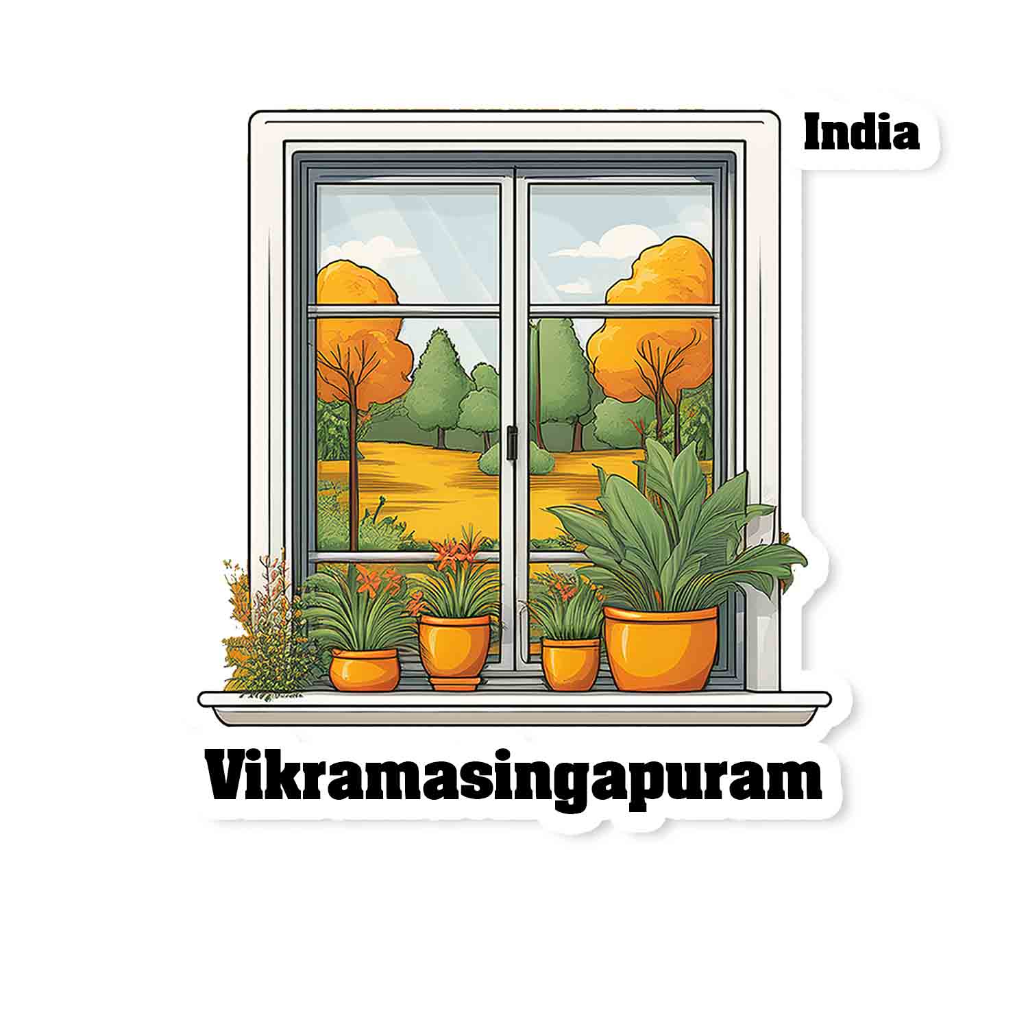 Vikramasingapuram Home Window White Plants Pots Sticker & Magnet