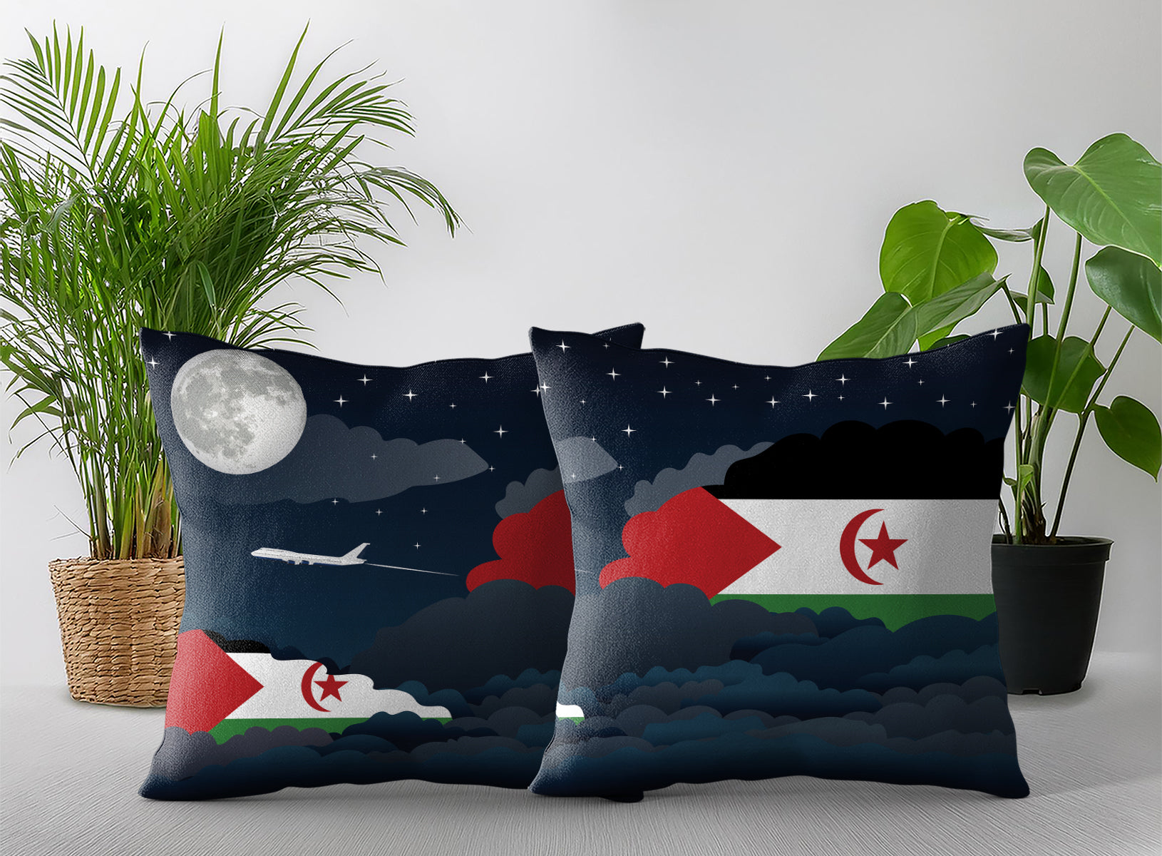 Western Sahara World Airplane Night Clouds Square & Rectangle Pillow Cases | Aviation Night Sky Pillow Covers