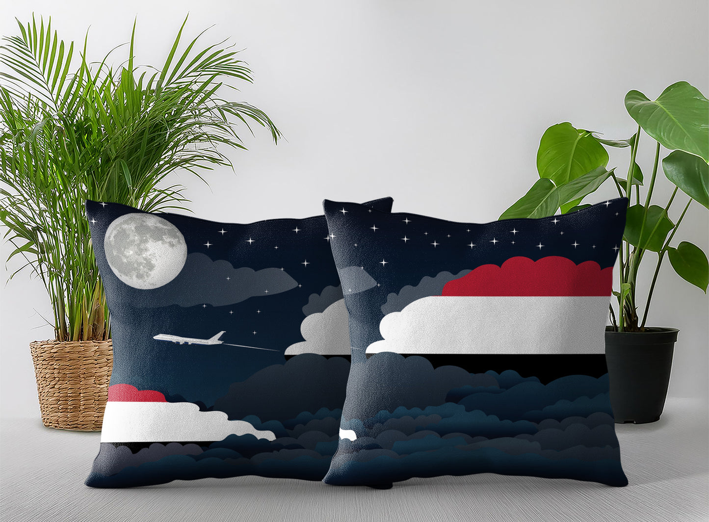 Yemen World Airplane Night Clouds Square & Rectangle Pillow Cases | Aviation Night Sky Pillow Covers