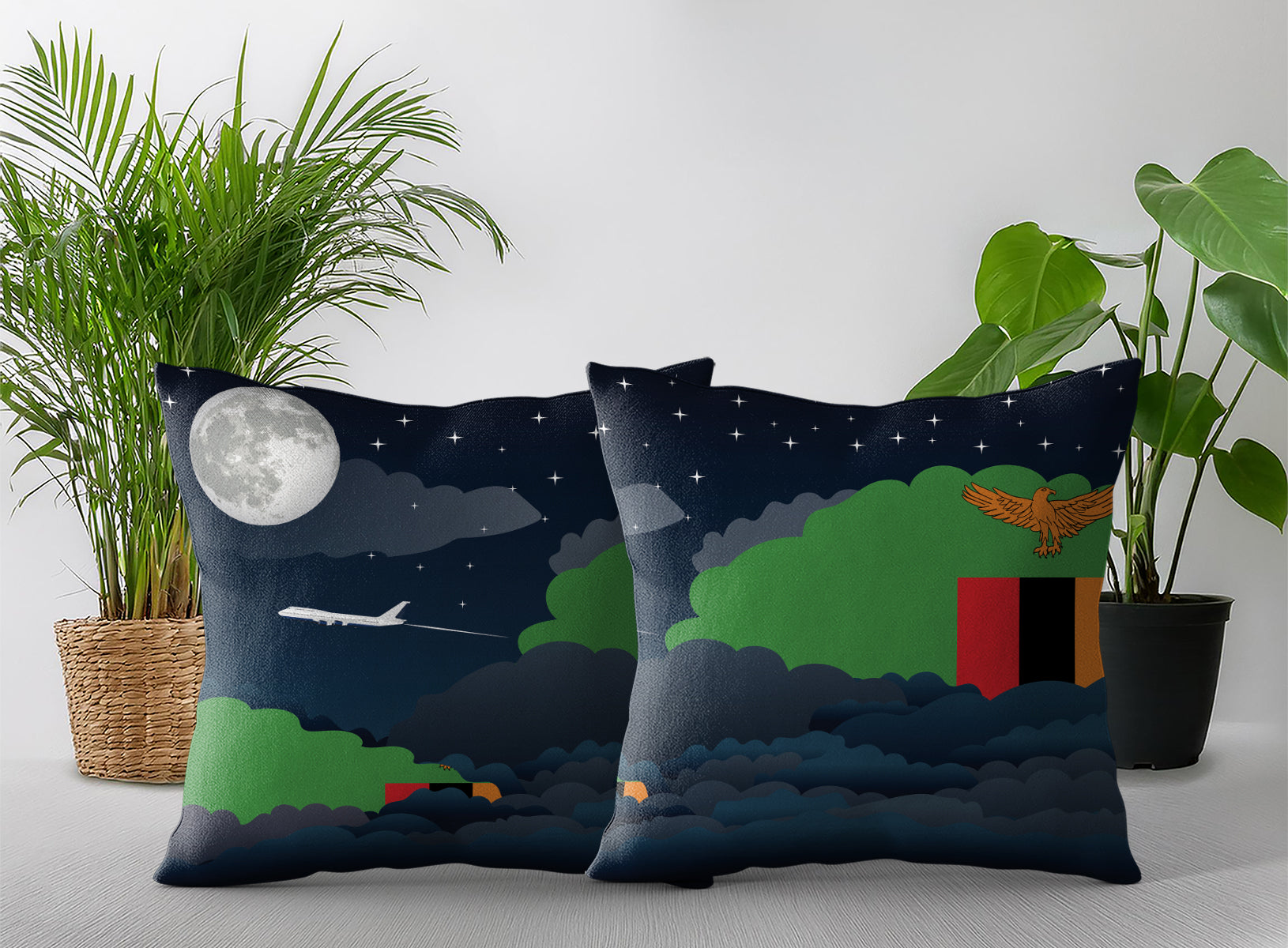 Zambia World Airplane Night Clouds Square & Rectangle Pillow Cases | Aviation Night Sky Pillow Covers